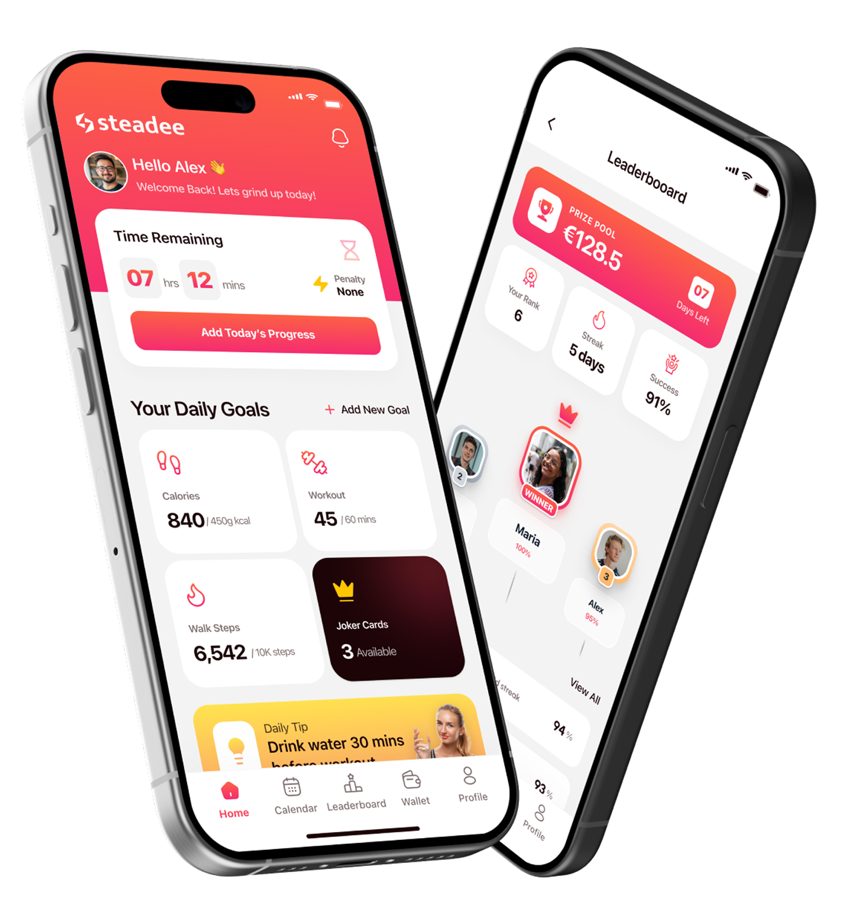 Steadee app showing fitness goals and progress tracking