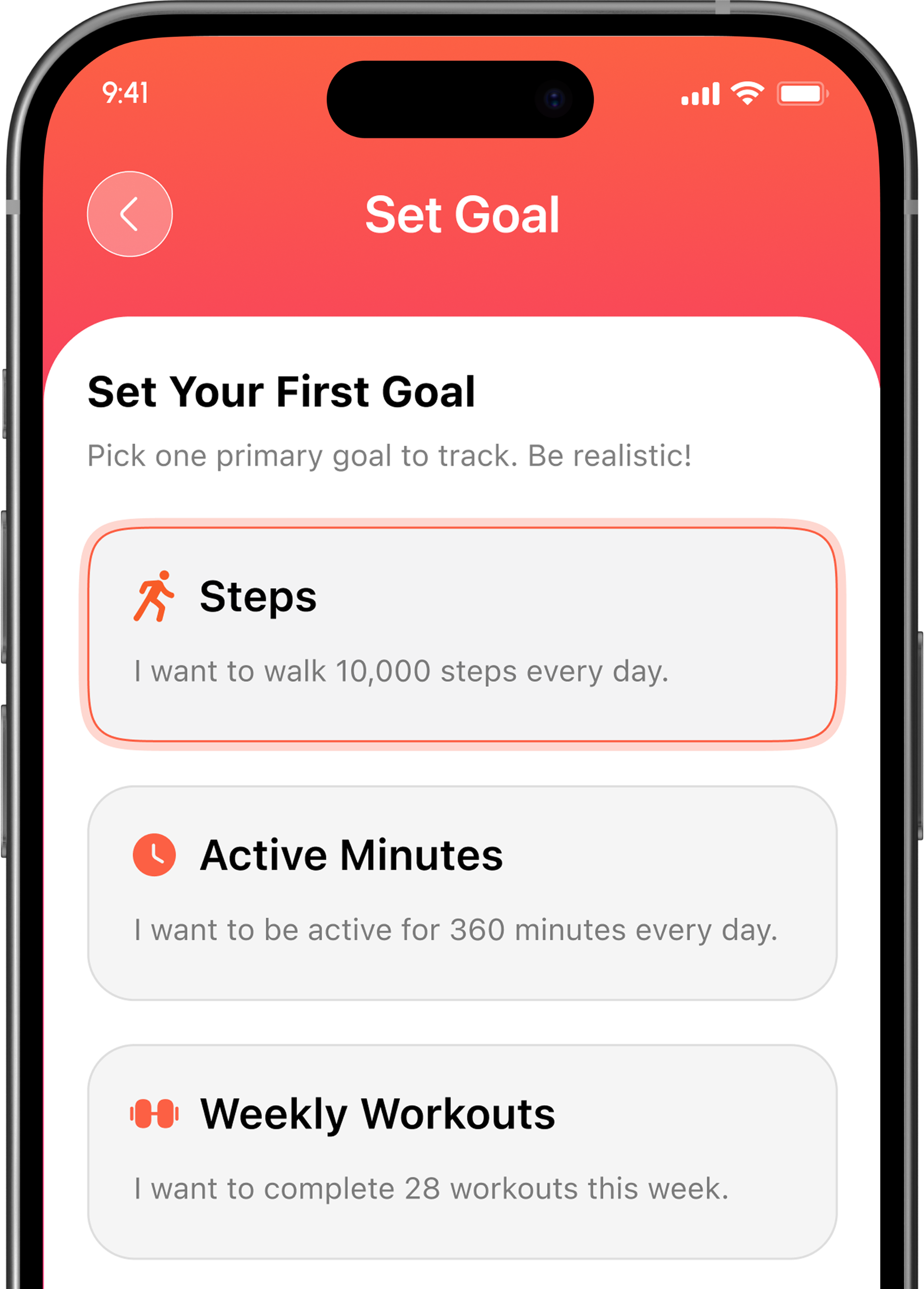 Steadee screen for choosing a measurable fitness goal